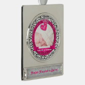 Foto Baby's Eerste Kerst Roze Hart Damast Verzilverd Banner Ornament (Rechts)