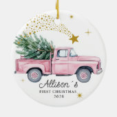Foto Baby's eerste kerst - Roze vrachtwagen Keramisch Ornament (Achterkant)