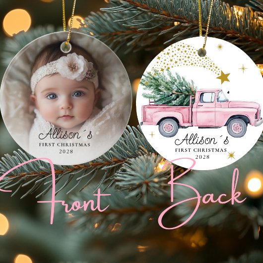 Foto Baby's eerste kerst - Roze vrachtwagen Keramisch Ornament