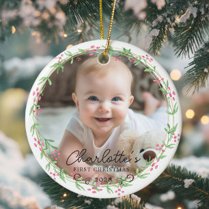 Foto Baby's First Christmas - Schattigee rustieke Keramisch Ornament