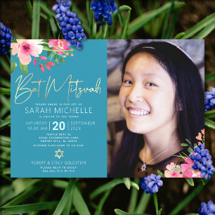 Foto Bat Mitzvah Blauwe Bloemige Watercolor Script Kaart