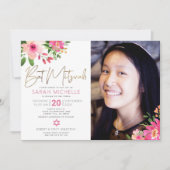 Foto Bat Mitzvah Bloemen Waterverf Goud Script Kaart (Voorkant)
