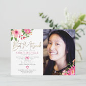 Foto Bat Mitzvah Bloemen Waterverf Goud Script Kaart (Staand voorkant)