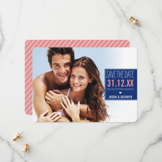 FOTO BESPAAR DE DATUM ombre angled stripe marine k Save The Date (Voorkant / Achterkant in situ)