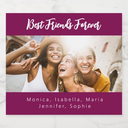 Foto beste vrienden forever besties party paarse sparkling wijnetiket (Enkel label)