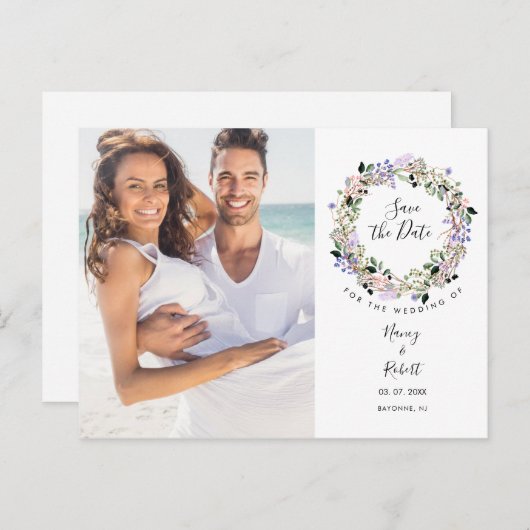 Foto bewaar de datum Mooie lavendel bloemenslinger Aankondigingskaart (Voorkant / Achterkant)