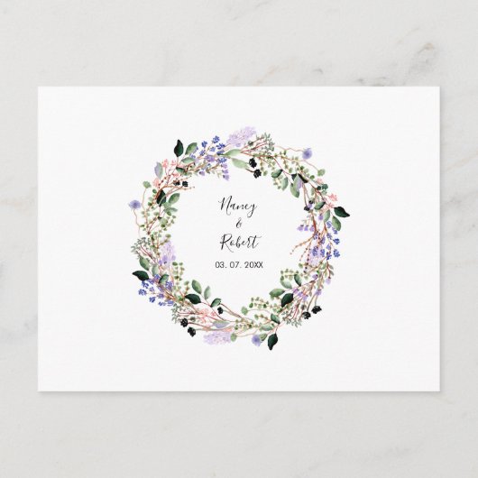 Foto bewaar de datum Mooie lavendel bloemenslinger Aankondigingskaart (Achterkant)