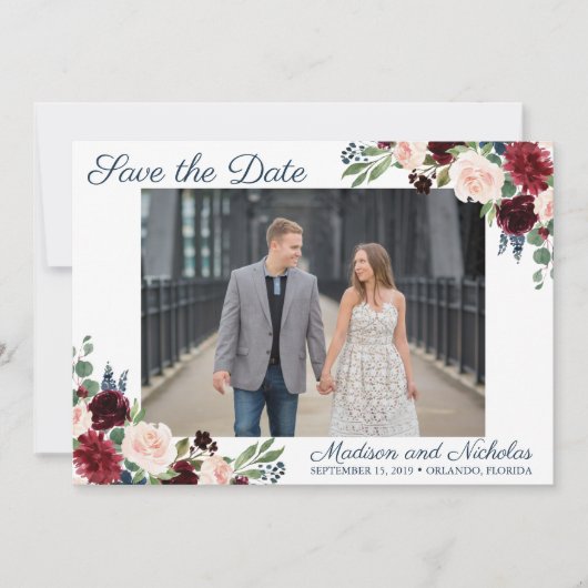 Foto Bewaar de Datumkaarten met Navy Marsala Flowe Save The Date (Voorkant)