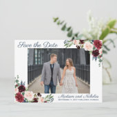 Foto Bewaar de Datumkaarten met Navy Marsala Flowe Save The Date (Staand voorkant)