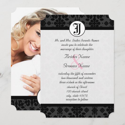 Foto Black Damask Wedding Invites Kaart (Voorkant / Achterkant)