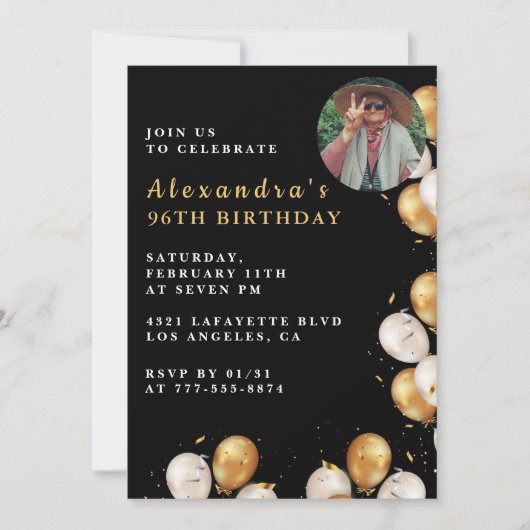 Foto Black Gold Balloon 96e verjaardag Kaart (Voorkant)