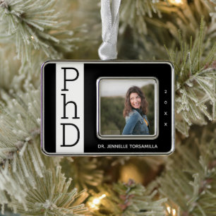 Foto: Black White PhD Afstuderen Kerstmenorang Verzilverd Kader Ornament