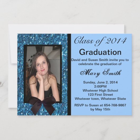Foto Blauw Glitter Afstuderen Invitation Kaart (Voorkant)