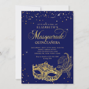 Foto Blauwe Gouden Glitters Maskerade Quinceañera Kaart