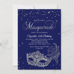 Foto Blauwe Zilveren Glitter Maskerade Verjaardag Kaart