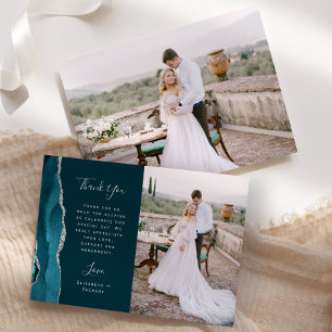 Foto Blauwgroen Blue Agate Silver Script Wedding Bedankkaart