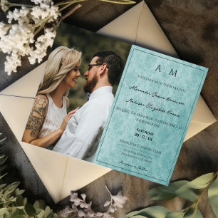 Foto Blauwgroen Damask Monogram Huwelijksuitnodigi Kaart
