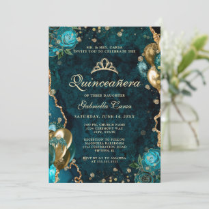 Foto Blauwgroen Gouden Bloemagaat Quinceanera Kaart