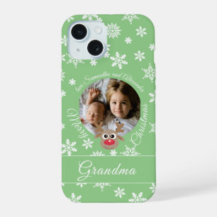 Foto Blauwgroen Kerst Wit Script Schattige rendier iPhone 15 Hoesje