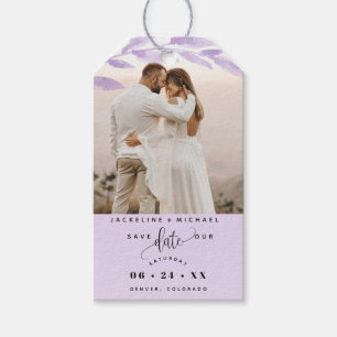 Foto, Bleke Paarse bladeren Bruiloft Save the Date Cadeaulabel
