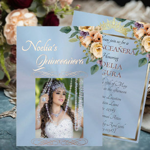 Foto & Bloemen - Blauwe Quinceanera Folie Uitnodiging
