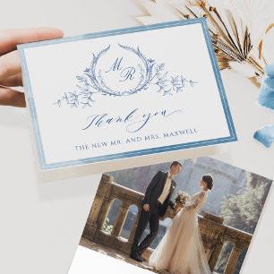 Foto, Blue Classic Monogram, Waterverf bruiloft Bedankkaart