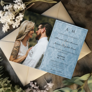 Foto Blue Damask Monogram Huwelijksuitnodiging Kaart