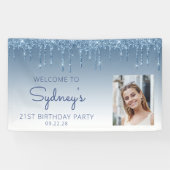 Foto Blue Glitter Drip 21st Birthday Banner (Horizontaal)