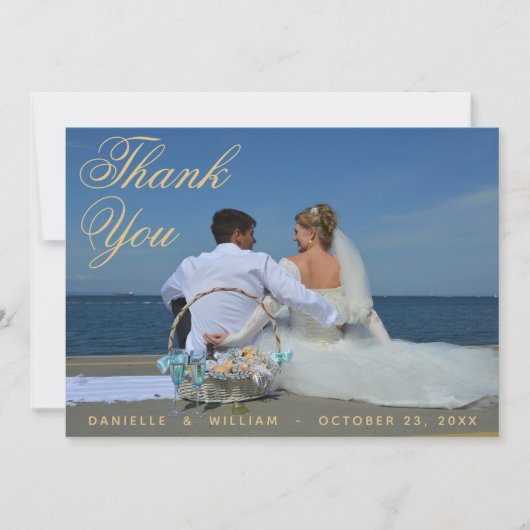 Foto Blue Gold Elegant Script Calligraphy Wedding Bedankkaart (Voorkant)