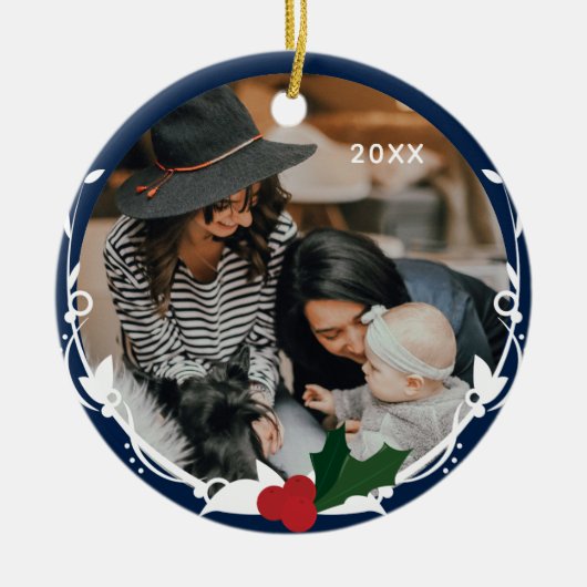 Foto Blue Holly Kerstmis Keramisch Ornament (Voorkant)