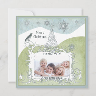 Foto Blue Snowflake Kerstboom Schattige Bird Feestdagenkaart