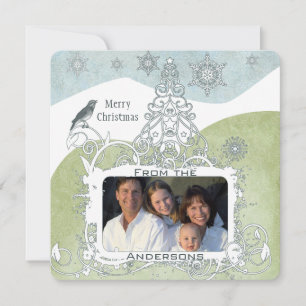 Foto Blue Snowflake Kerstboom Schattige Bird Feestdagenkaart