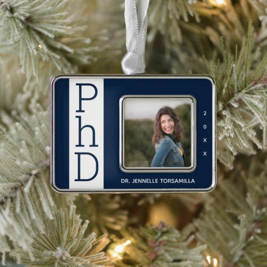 Foto Blue White PhD Afstuderen kerstversiering Verzilverd Kader Ornament (Boom)