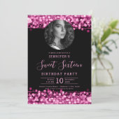 FOTO Blush Pink Sparkles Sweet 16 Verjaardagsfeest Kaart (Staand voorkant)