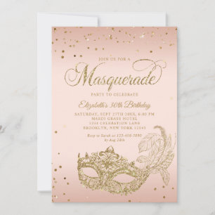 Foto Blush Roze Goud Glitters Maskerade Verjaardag Kaart