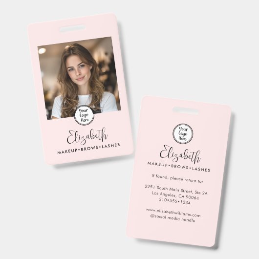 Foto Blush Roze Script Uw Logo Hier Make-up ID Badge (Voor- en achterkant)