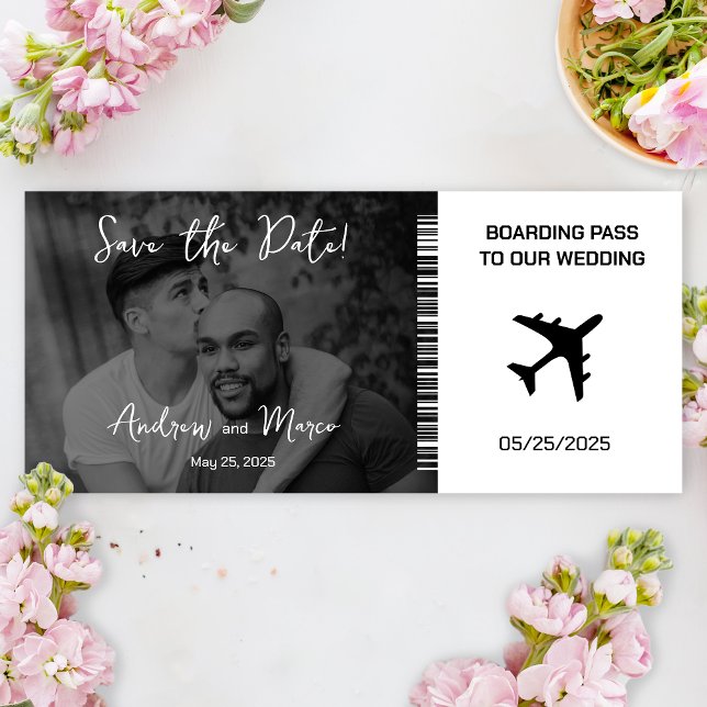 Foto Boarding Pass Bruiloft Save the Date (Black and white boarding pass save the date)