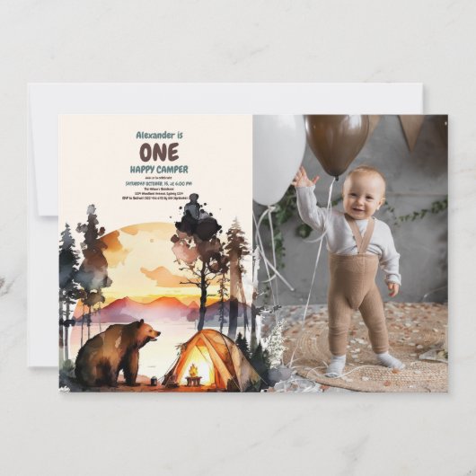 Foto Boho One Happy Camper 1e verjaardagsfeestje Kaart (Voorkant)