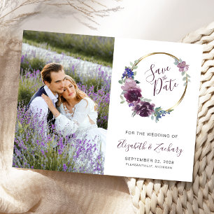 Foto Boho Paars Floral Gold Lijst Save the Date Briefkaart