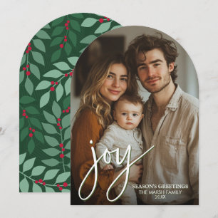 Foto-boog met enorm Joy-script - botanische achter Feestdagenkaart