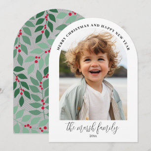 Foto-boog - Script familienaam - botanische achter Feestdagenkaart