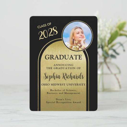 Foto boog zwart goud Afstuderen aankondiging (Staand voorkant)