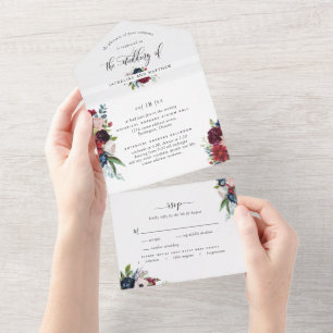 Foto, Bourgogne en Blue Wedding & Perforated RSVP All In One Uitnodiging