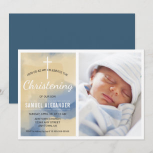 Foto Boy Christening, Waterverf Blue en Gold Kaart