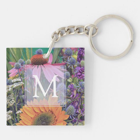 Foto Bright Colorful Monogram Flowers Sleutelhanger (Achterkant)