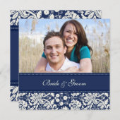 Foto-bruiloft-uitnodigingen Blue Cream Damask Kaart (Voorkant / Achterkant)