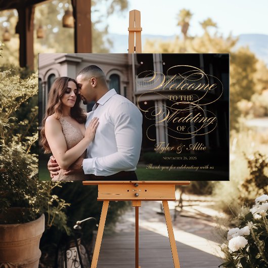 Foto bruiloft welkomstteken elegant gouden script poster