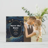 Foto Celestial Midnight Blue Stars Maan Bruiloft Save The Date (Staand voorkant)