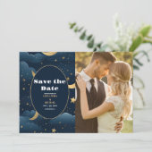 Foto Celestial Midnight Blue Stars Maan Bruiloft Save The Date (Staand voorkant)
