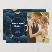 Foto Celestial Midnight Blue Stars Maan Bruiloft Save The Date (Voorkant / Achterkant)